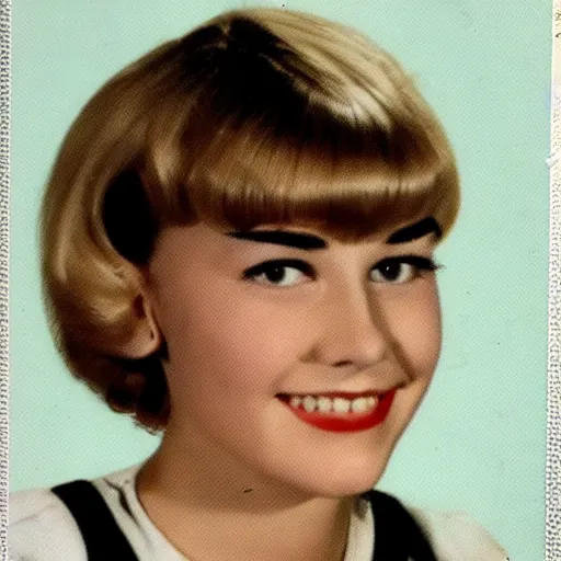 Prompt: a yearbook photo of Betty Cooper in the 1960s, she has bangs and a ponytail