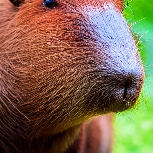 Image similar to cute capybara eating a neon nvidia gpu, chewing on a video card, cooling fans, cyberpunk, wildlife photography, bokeh, sharp focus, 3 5 mm, taken by sony a 7 r, 4 k, award winning