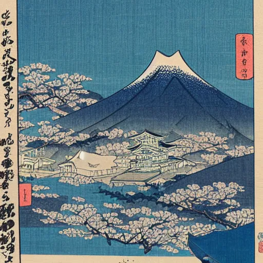 Image similar to japanese city built into a snowy mountain range in ukiyo - e style