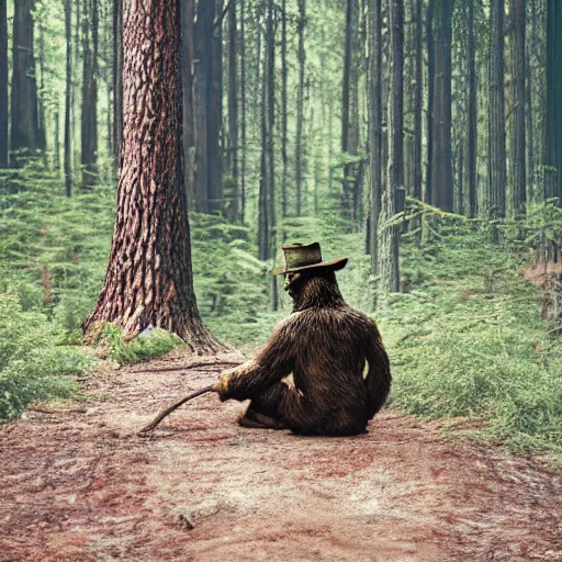 Prompt: UHD canndid photo of Smokey The Bear in the woods, sitting on the porcelain throne, by Annie leibowitz, photorealisitc, extremely detailed