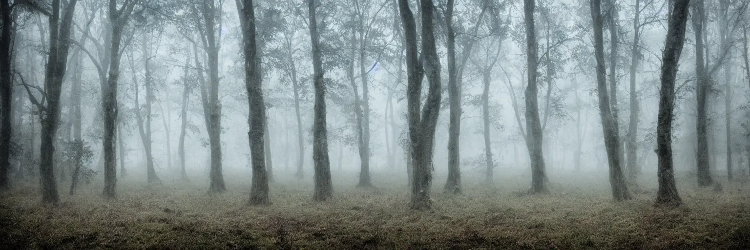 Image similar to a haunted forest, mist and rain