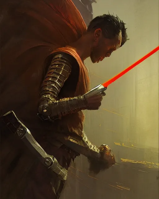 Image similar to a highly detailed epic cinematic concept art CG render digital painting artwork: Jedi warrior. By Greg Rutkowski, in the style of Francis Bacon and Syd Mead and Norman Rockwell and Beksinski, open ceiling, highly detailed, painted by Francis Bacon and Edward Hopper, painted by James Gilleard, surrealism, airbrush, Ilya Kuvshinov, WLOP, Stanley Artgerm, very coherent, triadic color scheme, art by Takato Yamamoto and James Jean