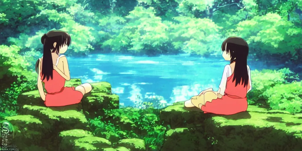 Image similar to A cute anime girl sitting by a mystical green glowing river. By Studio Ghibli.