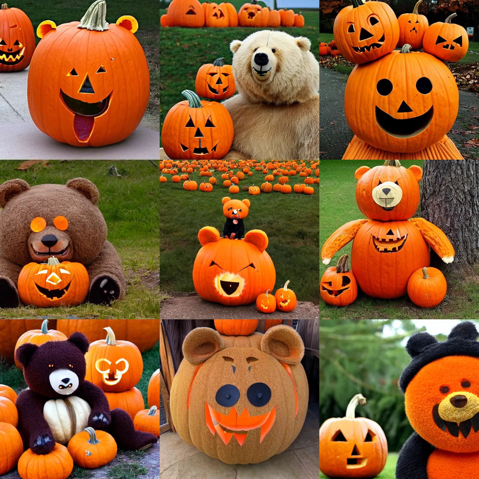 Prompt: a cute smiling bear made out of pumpkins