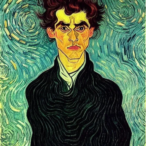 Image similar to painting of handsome beautiful dark medium wavy hair man in his 2 0 s, dressed as an oracle he has a vision for the future!! looking upward to the heavens above!! slight smile, foreseeing the future!! elegant, clear, painting, highly stylized, art by vincent van gogh, egon schiele