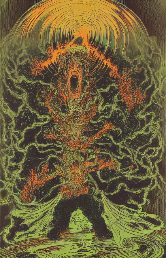 Prompt: The demon greeting souls at the inner circle of Hell by Dan Mumford: 1, by Utagawa Kuniyoshi and Stephen Gammell: 0.5, vibrant: 0.75, psychedelic, green: 0.25, blue: 0.25