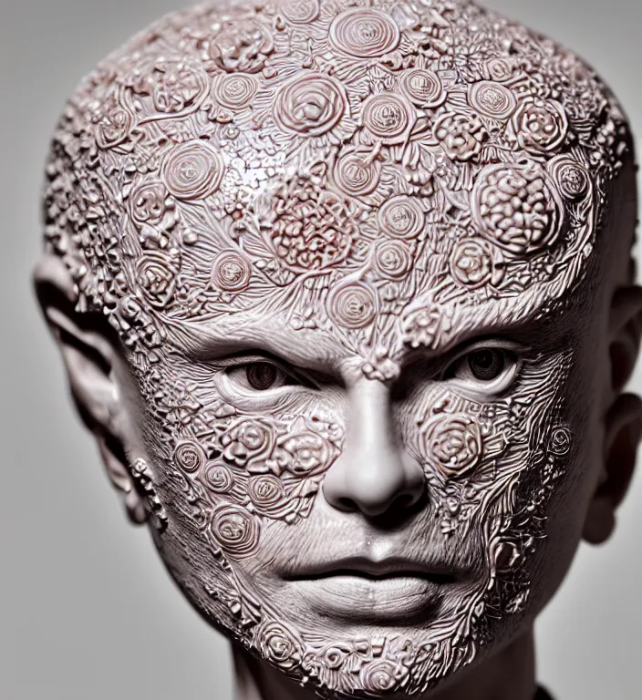 Image similar to Sting from the Police, A Close up photo-real delicate ceramic porcelain sculpture of a symmetrical ornate detailed in front of an intricate background by Victo Ngai and takato yamamoto, micro detail, backlit lighting, face in focus, subsurface scattering, translucent, thin porcelain, octane renderer, colorful, physically based rendering, japanese pottery, trending on cgsociety