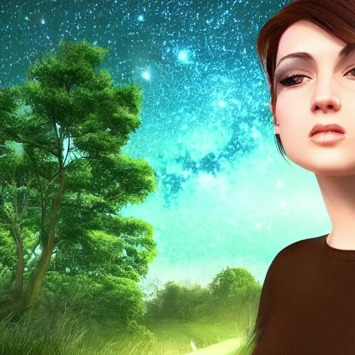 Image similar to an hd photo of a young woman with short brown hair and green eyes, beautiful trees in the background, night sky with stars and galaxies, trending on artstation