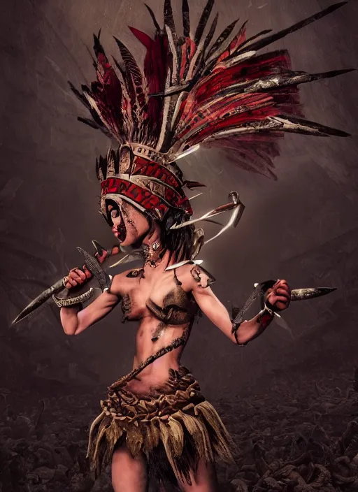 Prompt: fight, aztec goddes fights with knifes, vertical composition, inspired by monster hunter and dark fantasy and fashion, beautiful body, clean brutal blooded symmetrical face, brutal bloody and sluty make up, epic,dramatic lighting, cinematic, establishing shot, extremely high detail, photorealistic, brutal, provocative , cinematic lighting, artstation, octane render, dark fantasy ,old photo, vintage, black and white, Boris vallejo