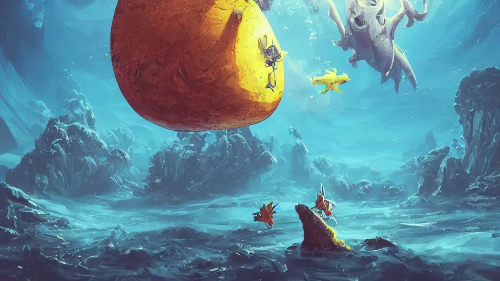 Image similar to An astronaut is under the sea, he has a big bright yellow egg, he is swimming away from the giant leviathan that is behind hunting him, the leavithan has bright red eyes, this is an extravagant planet with wacky wildlife and some mythical animals, the background is full of ancient ruins, the ambient is dark with a terrifying atmosphere, by Jordan Grimmer digital art, trending on Artstation,