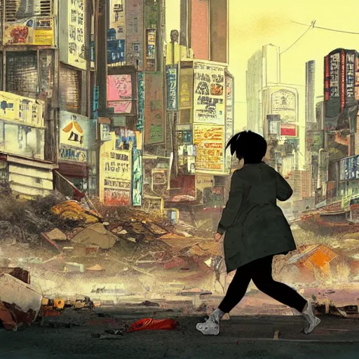 Image similar to incredible wide screenshot, ultrawide, simple watercolor, rough paper texture, ghost in the shell movie scene, backlit distant shot of girl in a parka running from a giant robot invasion side view, yellow parasol in deserted dusty shinjuku junk town, broken vending machines, bold graphic graffiti, old pawn shop, bright sun bleached ground, mud, fog, dust, windy, scary robot monster lurks in the background, ghost mask, teeth, animatronic, black smoke, pale beige sky, junk tv, texture, brown mud, dust, tangled overhead wires, telephone pole, dusty, dry, pencil marks, genius party,shinjuku, koji morimoto, katsuya terada, masamune shirow, tatsuyuki tanaka hd, 4k, remaster, dynamic camera angle, deep 3 point perspective, fish eye, dynamic scene