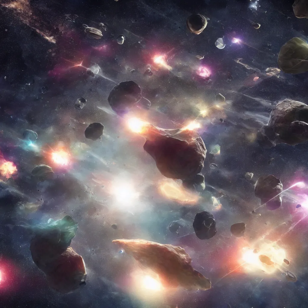 Image similar to galactic space fleet flying safely into an asteroid belt, 8 k resolution