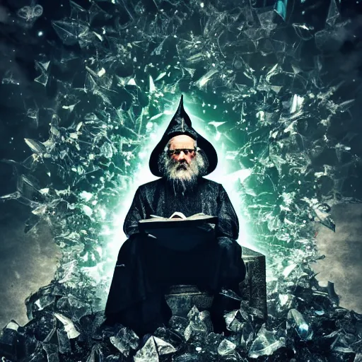 Image similar to old wizard surrounded by crystal shards, 8 k photography