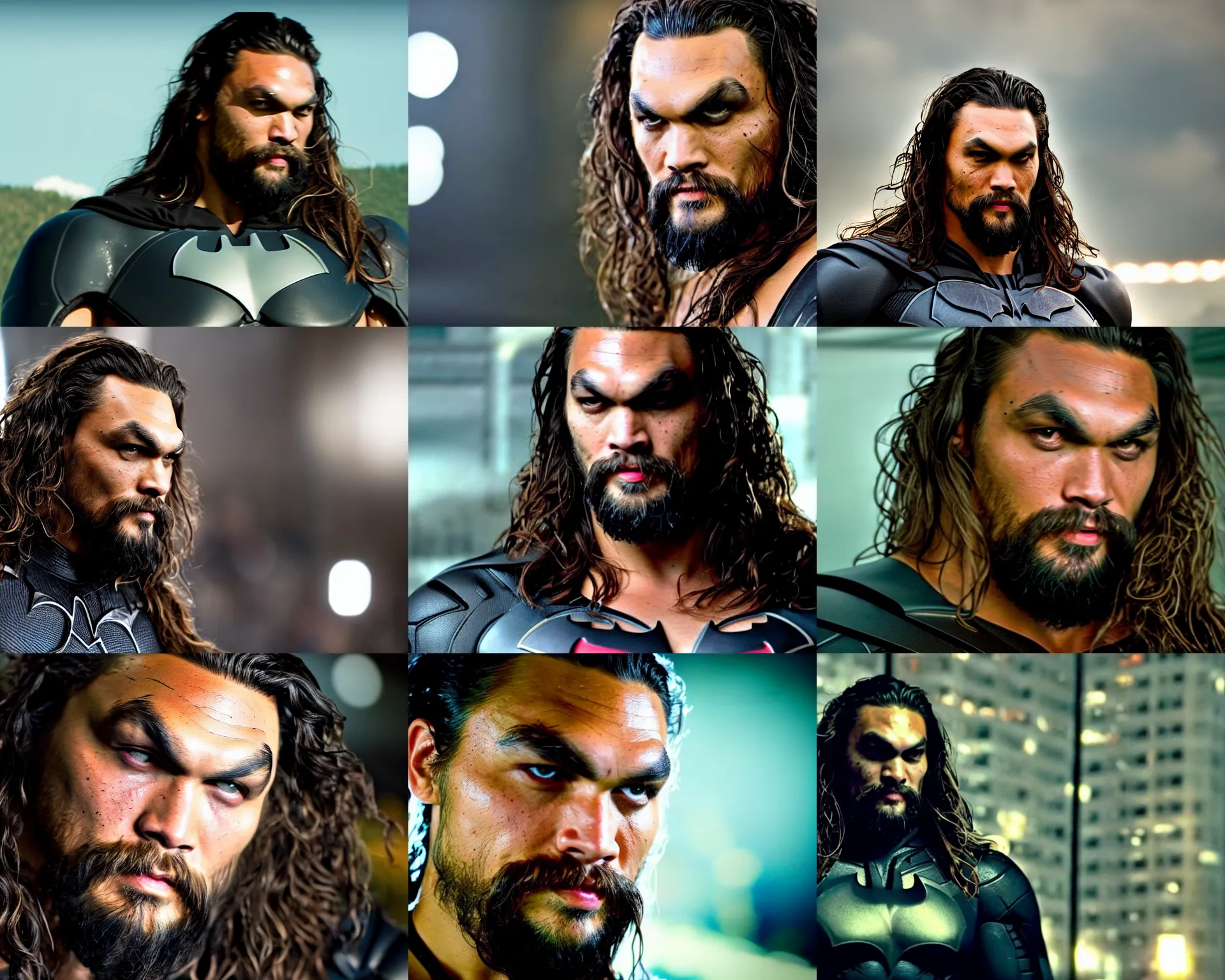 Prompt: jason momoa wearing batman suit very realistic! bokeh cinematic medium shot close up from the avengers