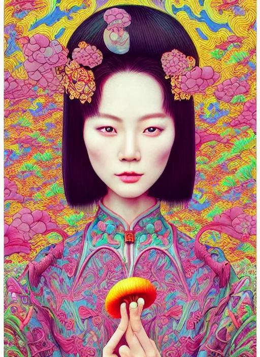 Image similar to pretty chinese model with hallucination mushroom : : by martine johanna and simon stalenhag and chie yoshii and casey weldon and wlop : : ornate, dynamic, particulate, rich colors, intricate, elegant, highly detailed, vogue, harper's bazaar art, fashion magazine, smooth, sharp focus,