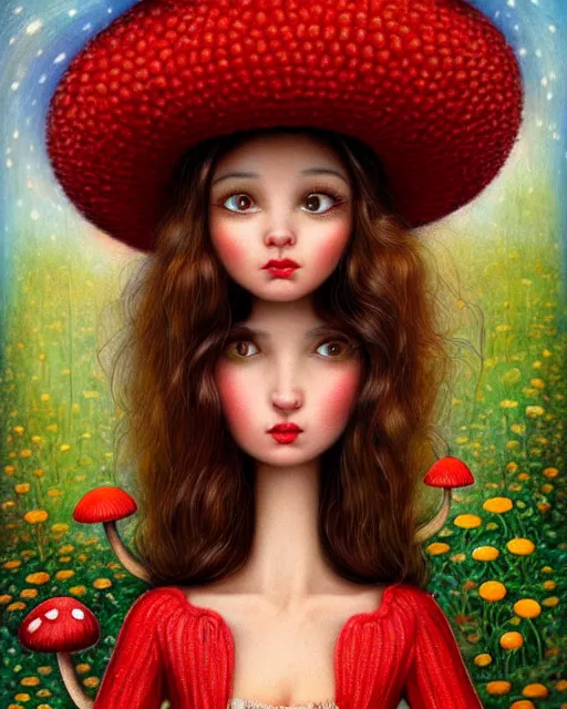 Prompt: highly detailed closeup, of a beautiful brown hair happy woman dressed in a red mushroom hat and clothes, full face view, in a mushroom garden, hyper realistic, psychedelic, illustration, nicoletta ceccoli, mark ryden, lostfish, dan decarlo, bob clampett, max fleischer, digital paint, matte paint, vivid colors, detailed and intricate environment