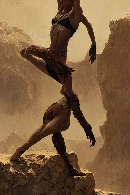 Image similar to a full body portrait of a beautiful post apocalyptic offworld desert gymnast leaping in ballet dance pose by the emerald oasis pools, intricate, elegant, highly detailed, digital painting, artstation, concept art, smooth, sharp focus, illustration, art by krenz cushart and artem demura and alphonse mucha