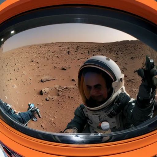 Image similar to extremely detailed photo of carl sagan looking through visor of spacesuit, mars rover in background, detailed face