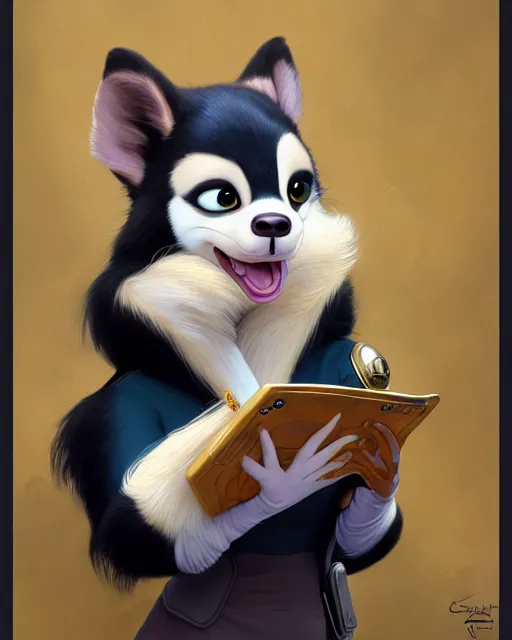 Prompt: painting of anthromorphic female skunk wearing starfleet uniforms, zootopia, fursona, furaffinity, 4 k, deviantart, furry art, wolf fursona, very expressive detailed feminine face, gaston bussiere, craig mullins, jc leyendecker, gustav klimt, artgerm, greg rutkowski, alphonse mucha