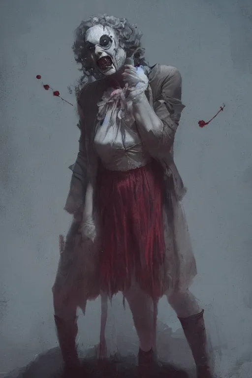 Image similar to The killer female clown, horror, illustrated by Greg Rutkowski and Caspar David Friedrich., Trending on artstation, artstationHD, artstationHQ, 4k, 8k