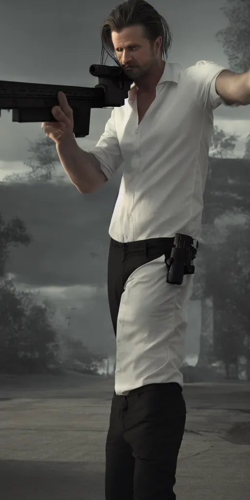 Image similar to a long hair man in white shirt and black pants, hold a gun with left hand aimed. artstation. octane render, hd, matte painting. cinematic. ultra clear detailed. david fincher.