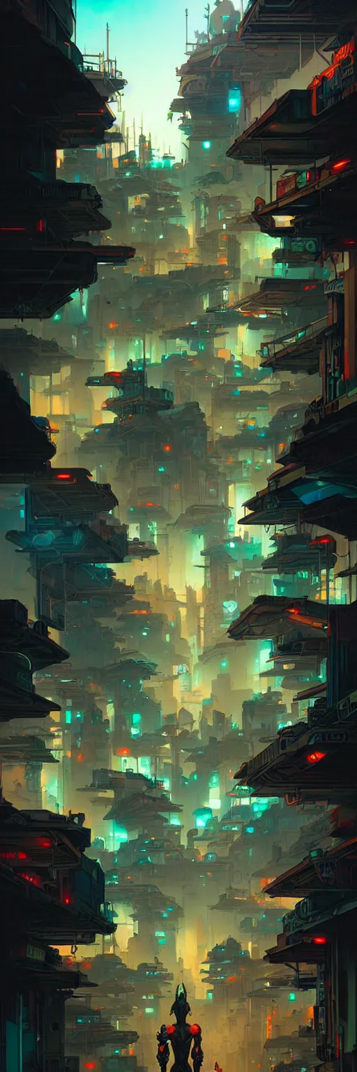 Image similar to cyberpunk favelas, by peter mohrbacher