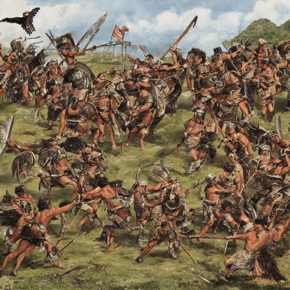 Prompt: roman legion attacking a maori pa fort, in the style of an osprey book illustration