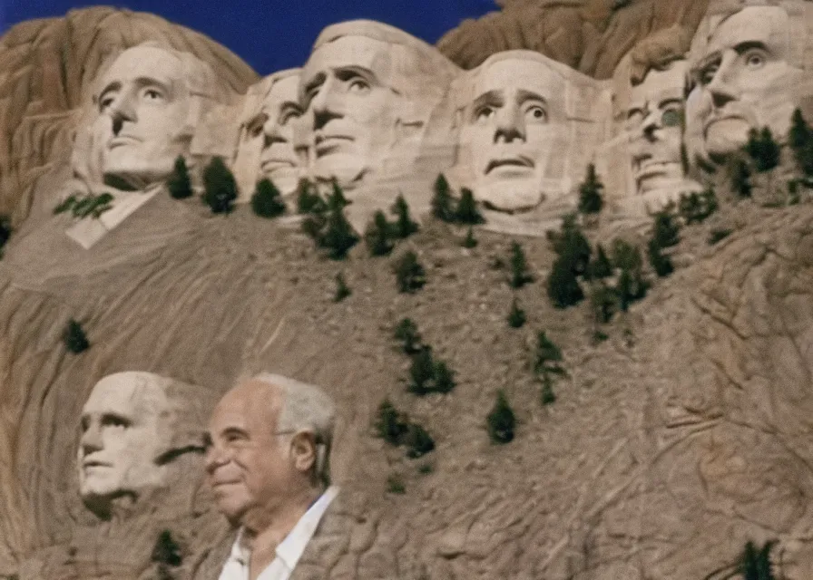 Prompt: danny devito's face on mount rushmore, photograph, telephoto, cinestill 8 0 0 t