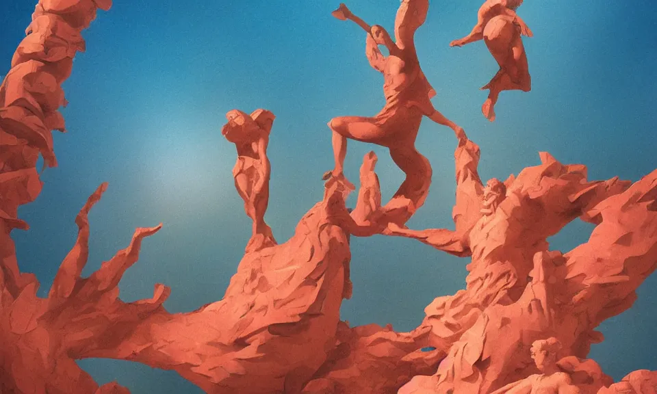 Prompt: digital painting of tiny people walking at the base of a massive greek sculpture a beautiful massive female statue surrounded by massive dreamy coral in the desert, by syd mead and jack kirby, color scheme, kirby krackle, arik roper, concept art