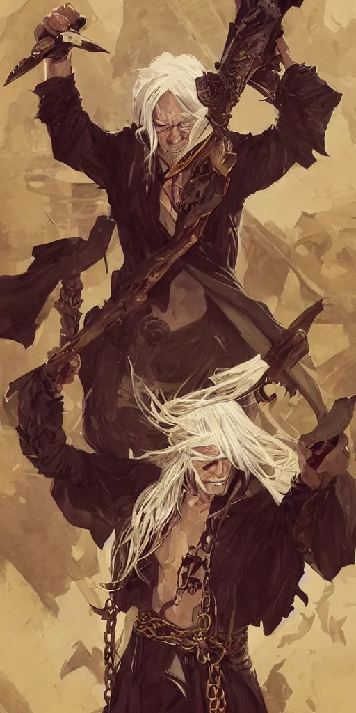 Prompt: full body character design of The King of Thieves, Long White Hair, wielding Daggers, Scars, Half Gold Mask, Broken Shackles, highly detailed, Tattoos, concept art, sharp focus, character concept art, smooth, illustration, by artgerm and greg rutkowski and alphonse mucha