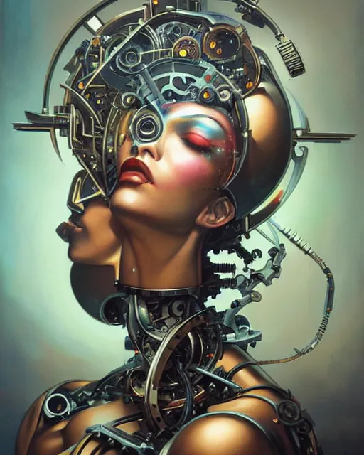 Image similar to Megan Fox clockwork robotic machinery portrait, metallic beauty, peter mohrbacher, artgerm