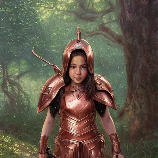 Prompt: pokimane wearing copper armor with sword and shield, small stature, short size, cute and adorable, pretty, aesthetic forest, portrait, matte fantasy painting, DeviantArt Artstation, by donato giancola, ralph horley, loish, cinematic lighting