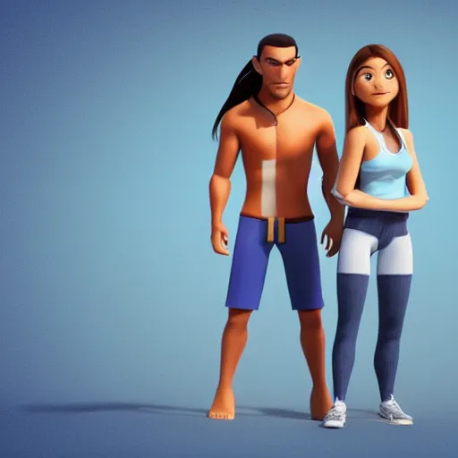 Image similar to young beautiful athletic Filipino woman with long hair standing beside a handsome caucasian athletic thin man with very short buzzed thinning hair, stubble beard on his face, blue eyes, they are posing, depicted as adult Pixar characters, high quality cg render, 4k