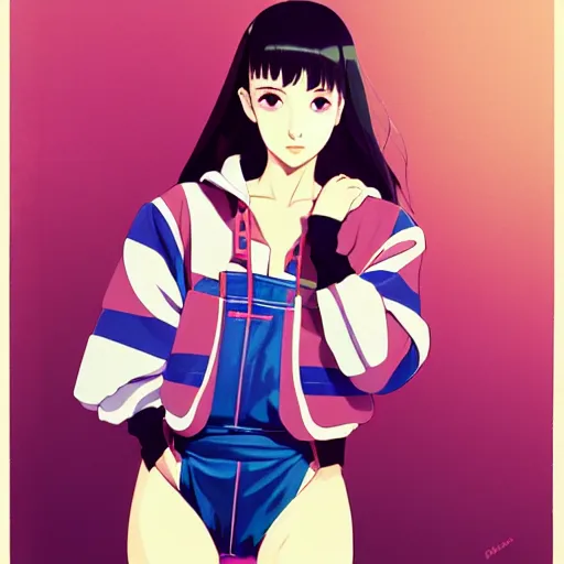 Image similar to a beautiful japanese natalie portman gravure model, wearing oversized native designer bomber jacket and leotard with overalls, bulky poofy bomber jacket with mesoamerican patterns, mesoamerican native street fashion, gapmoe yandere grimdark, trending on pixiv fanbox, painted by greg rutkowski makoto shinkai takashi takeuchi studio ghibli, akihiko yoshida