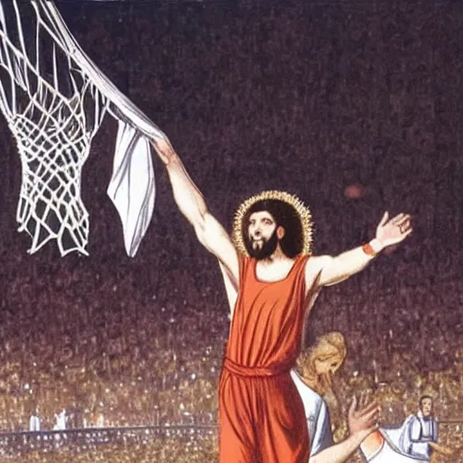 Image similar to Jesus wearing robes dunks a ball in the net while in a basketball court, hd