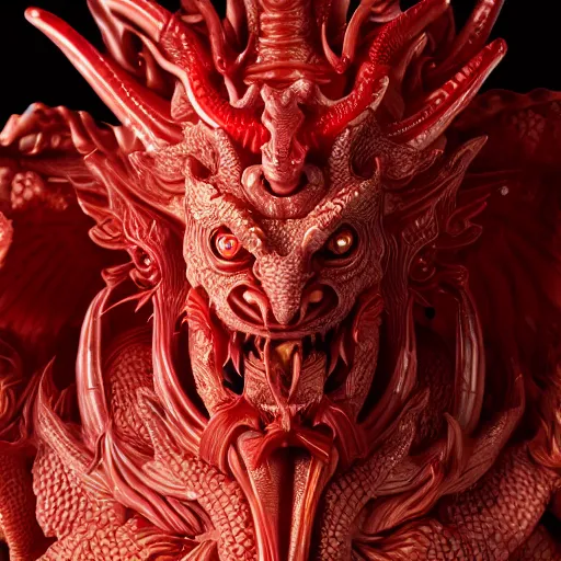 Image similar to a closeup portrait photo, alabaster and ruby real delicate ceramic porcelain sculpture of an ornate detailed humanoid dragon demon devil god in front of an intricate background by rafael, micro detail, backlit lighting, subsurface scattering, translucent, thin porcelain, fire, flames, amber, octane renderer, colorful, physically based rendering, trending on cgsociety