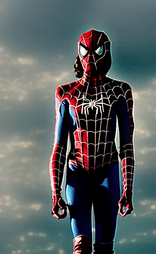 Image similar to film still of Spiderwoman standing heroic ,post apocalyptic, symmetrical