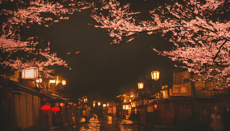 Image similar to a Wes Anderson 35mm film still of a very surreal magic small mountain town, like Kyoto, and Paris, golden hour, clean, falling cherry blossom pedals, in the style of Gucci, James Jean color palette, glowing warm lights and floating lanterns, foggy atmosphere, waterfalls, rainy, moody, muted colors, magic details, high detail, high resolution, 8k, cinematic look, octane render, psychedelic,