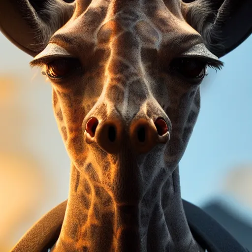 Prompt: a highly detailed portrait of a humanoid giraffe in a blue cloak, close - up, adventurer, artstation, deviantart, professional, unreal engine 5, octane render