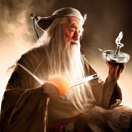 Prompt: gandalf taking a huge hit from his magical bong, award winning composite photography, trending on artstation
