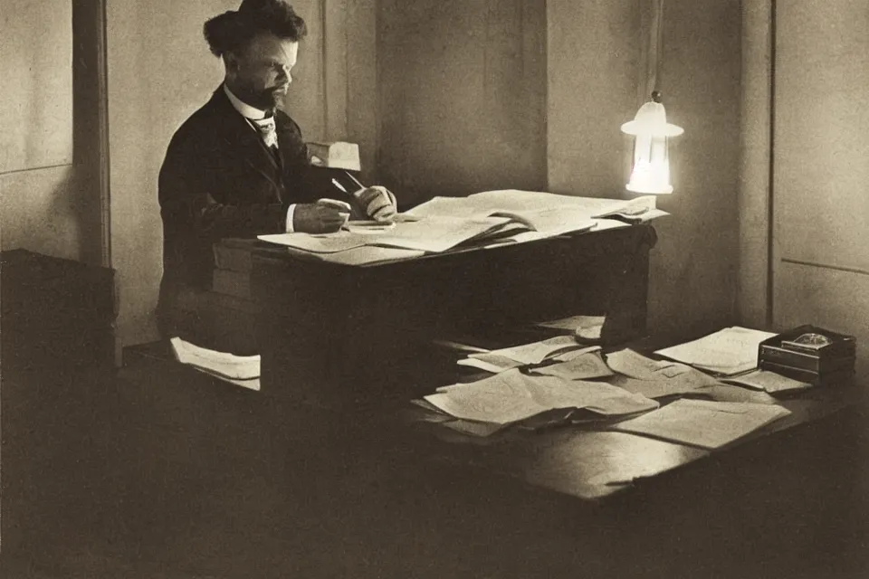 Image similar to august strindberg writing alone at a secretary desk in a small viennese apartment, night time, alone, lamplight, victorian era, depth of field