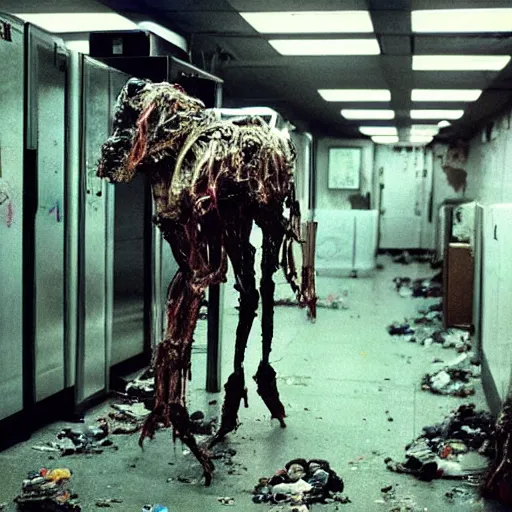 Image similar to “ugly filthy gross fleshy raw meat insectoid cybernetic mummy horse standing in a filthy dirty small server room filled with garbage and networking cables. David Cronenberg. Body horror style. 35mm.”