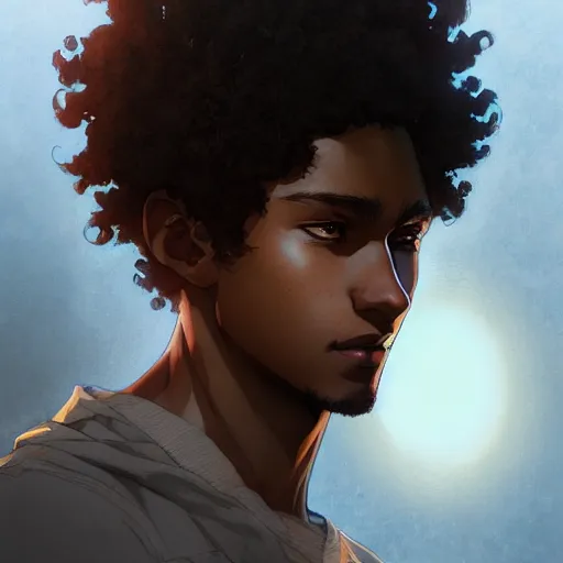 Image similar to Portrait of man with curly short hair and brown skin, atmospheric lighting, intricate detail, cgsociety, ambient light, dynamic lighting, anime style by Yusuke Kozaki