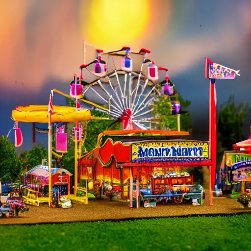 Prompt: A miniature county fair for mice. Photorealistic, 4k, award winning, sunset lighting