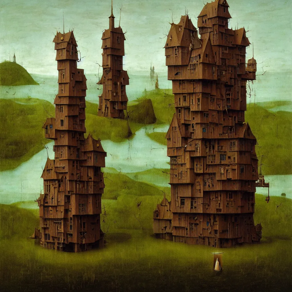 Image similar to single flooded simple wooden tower, very coherent and colorful high contrast ultradetailed photorealistic masterpiece by franz sedlacek hieronymus bosch gediminas pranckevicius dean ellis simon stalenhag rene magritte, dark shadows, sunny day, hard lighting