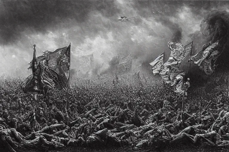 Prompt: highly detailed painting of world war 2, symmetrical, masterpiece, highly detailed painting by gustave dore