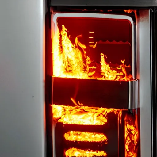 Prompt: refrigerator on flames