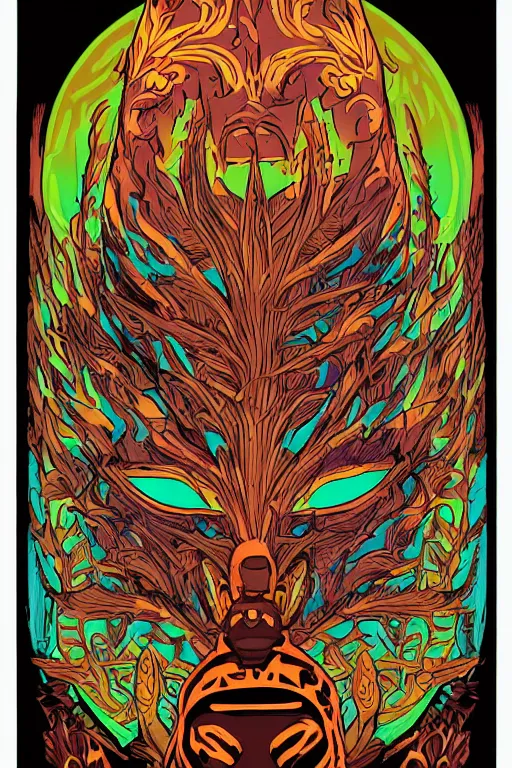 Image similar to animal mask totem roots flower tribal feather gemstone plant wood rock shaman vodoo video game vector cutout illustration vivid multicolor borderlands comics by josan gonzales and dan mumford radiating a glowing aura