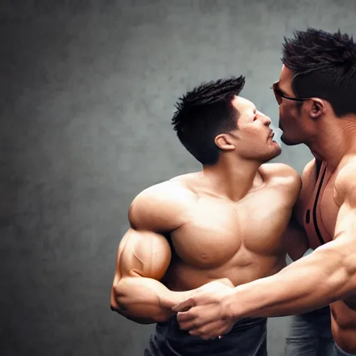 Image similar to markiplier kissing a buff guy, dslr, 8 k, octane beautifully detailed render, cold lighting, cinematic lighting, detailed photo, masterpiece, volumetric lighting, ultra realistic, highly detailed, high quality, lossless, photorealistic