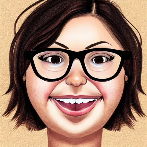 Prompt: curvy round brunette woman with messy hair in a short bob, big forehead, round face, big cheeks, large glasses, romanian heritage, brown almond-shaped eyes, smile, olive skin, round nose, protruding chin, wide face, thin lips, wide mouth, no bangs, digital art, painterly, cartoon, cute, 8k, illustration, art by loish, painterly, trending on artstation, medium shot, uncropped